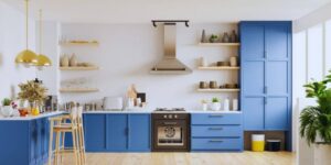 modern kitchen interior with blue cabinets