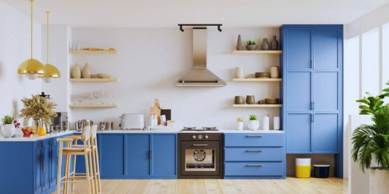 modern kitchen interior with blue cabinets