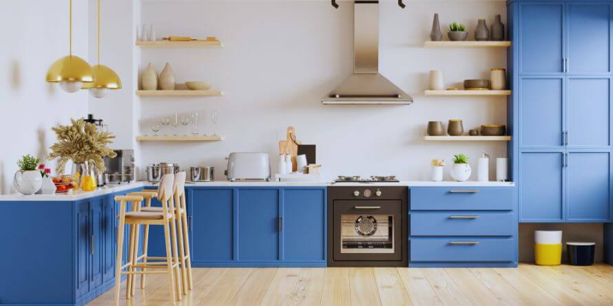modern kitchen with blue cabinet