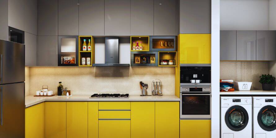 yellow and gray kitchen cabinet